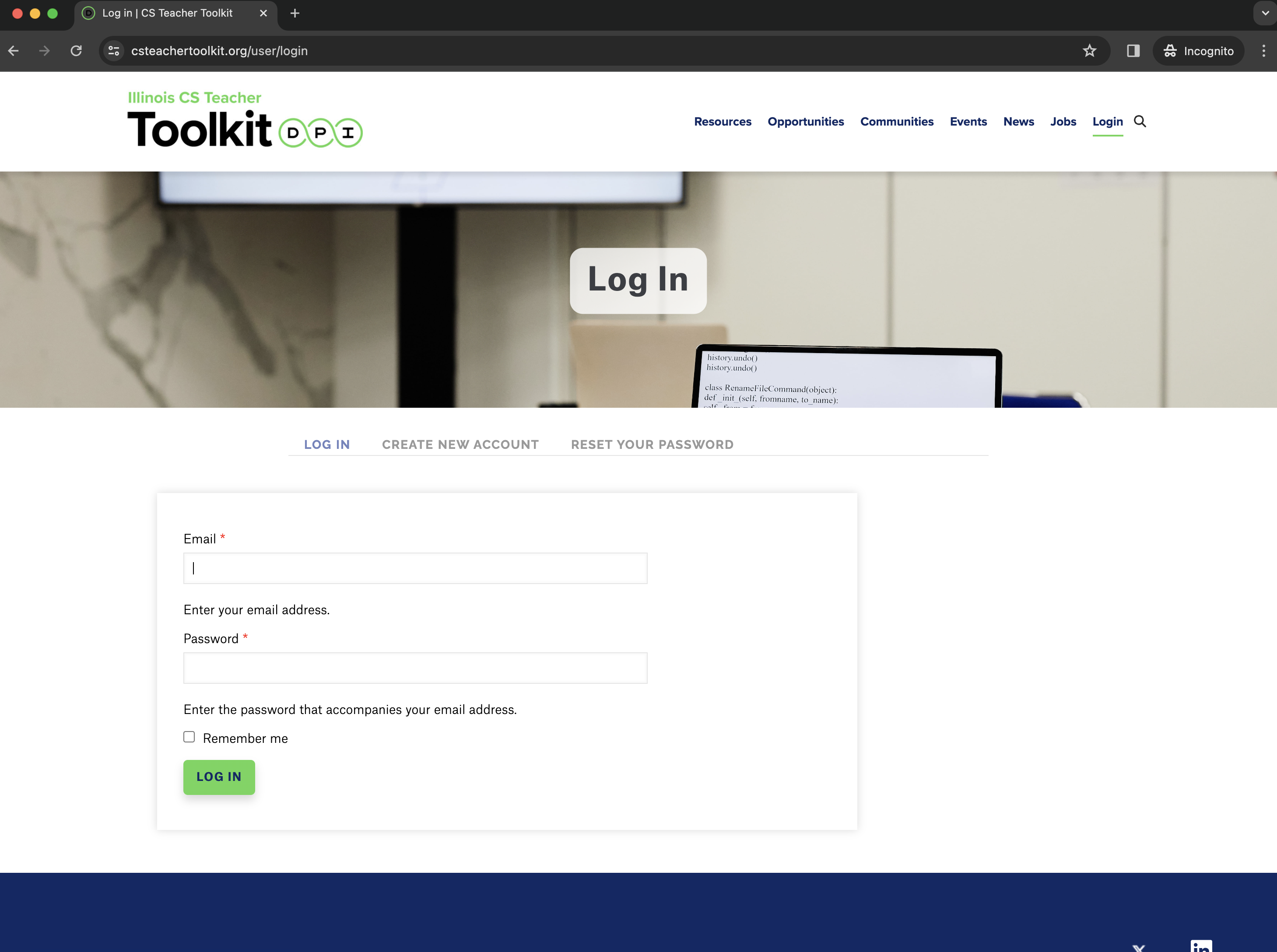 screenshot of Log In page